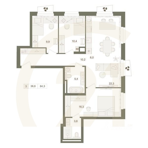 3-комн. квартира, 84,3 м²в ЖК «Квартал «Родина Парк»