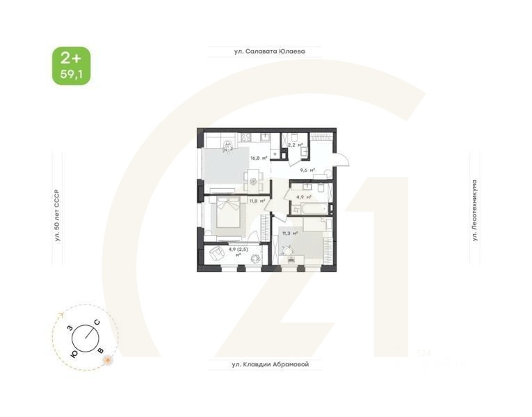 2-комн. квартира, 59,1 м²в ЖК «Бионика Парк»