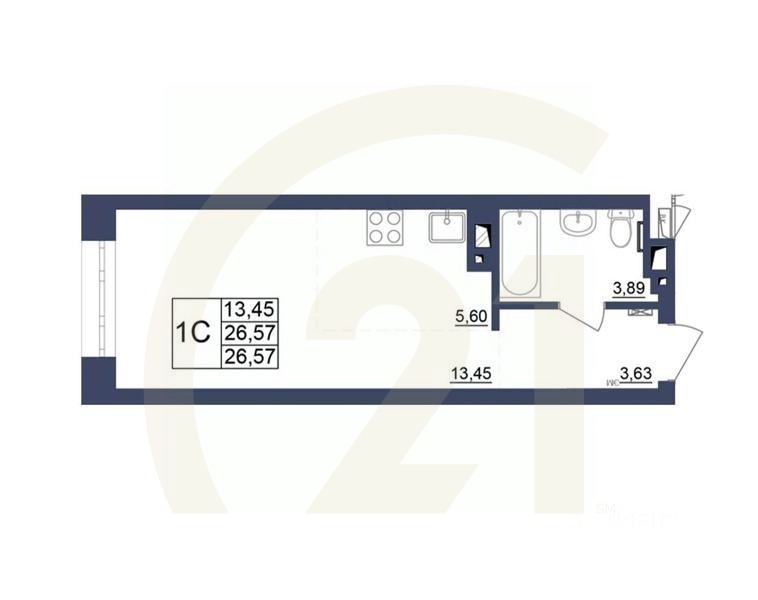 1-комн, 26,66 м²в ЖК «Космос»