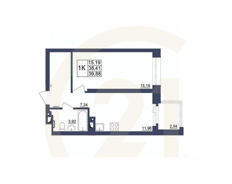 1-комн. квартира, 39,88 м²в ЖК «Космос»