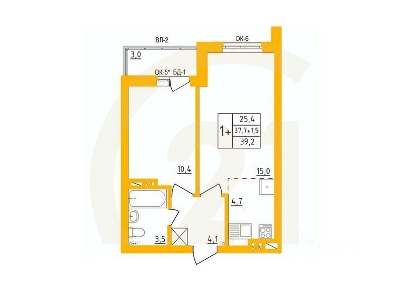 1-комн. квартира, 39,1 м²