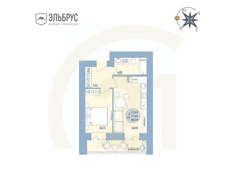 2-комн. квартира, 40,74 м²в ЖК «Эльбрус»