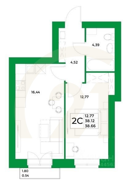 2-комн, 38,66 м²