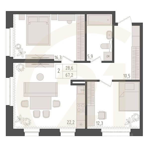 2-комн. квартира, 67,2 м²в ЖК «Новый Империал»