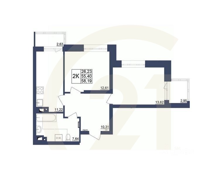 2-комн. квартира, 58,19 м²в ЖК «Космос»