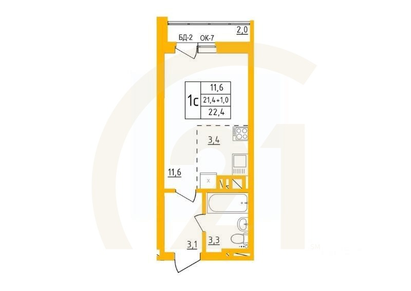 1-комн, 22,4 м²