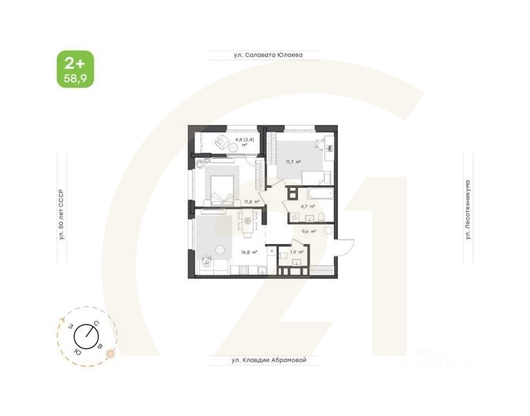 2-комн. квартира, 58,9 м²в ЖК «Бионика Парк»
