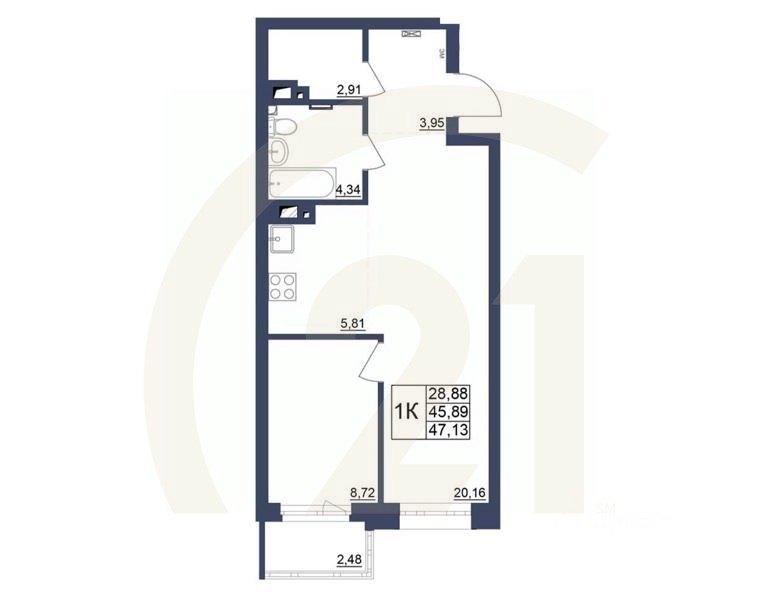 1-комн. квартира, 47,23 м²в ЖК «Космос»