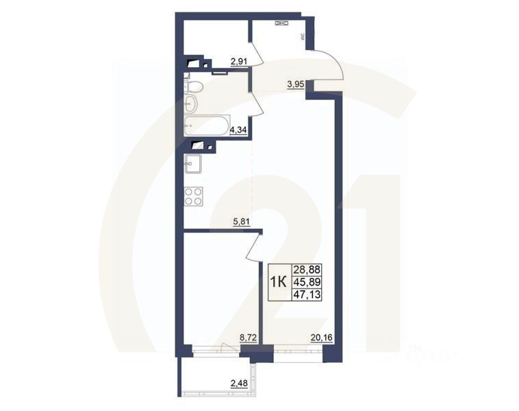 1-комн. квартира, 47,23 м²в ЖК «Космос»