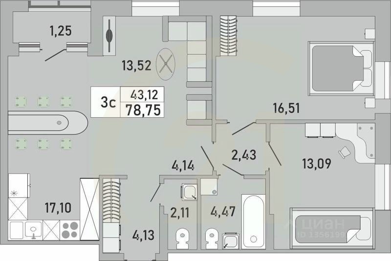 3-комн. квартира, 78,75 м²в ЖК «Платинум»