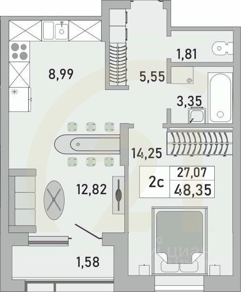 2-комн. квартира, 48,35 м²в ЖК «Платинум»