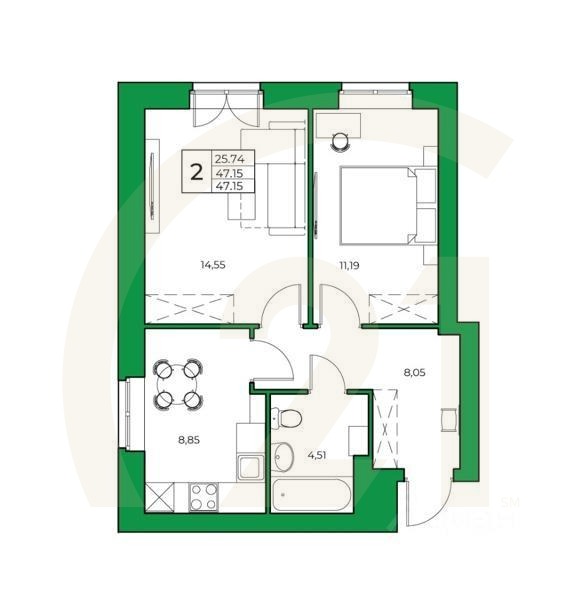 2-комн. квартира, 47,15 м²