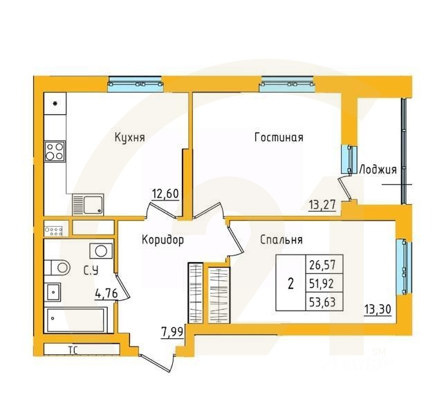 2-комн. квартира, 53,63 м²