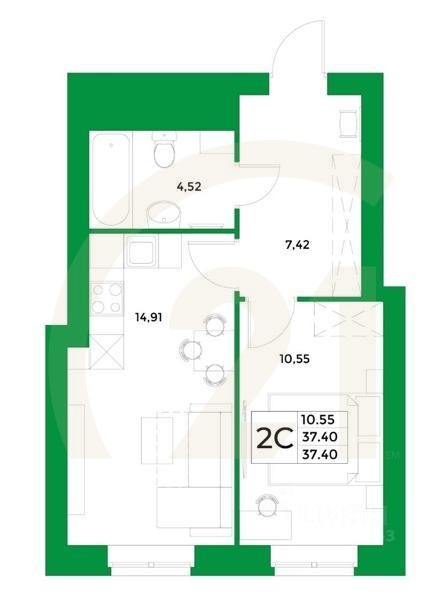 2-комн, 26,4 м²