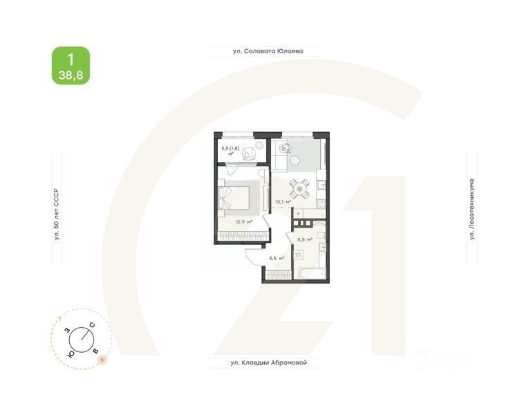 1-комн. квартира, 38,8 м²в ЖК «Бионика Парк»