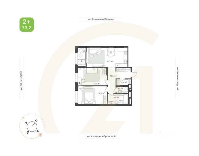 2-комн. квартира, 73,2 м²в ЖК «Бионика Парк»