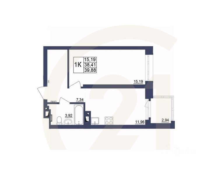 1-комн. квартира, 39,75 м²в ЖК «Космос»