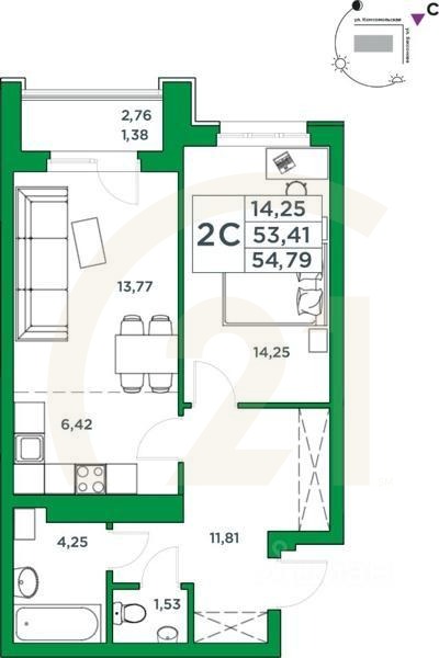 2-комн, 53,41 м²в ЖК «Сапфир»