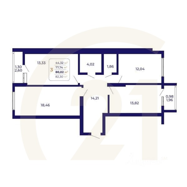 3-комн. квартира, 80,02 м²в ЖК «Паруса»
