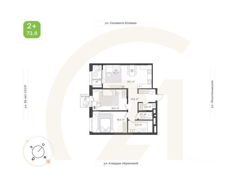 2-комн. квартира, 73,8 м²в ЖК «Бионика Парк»