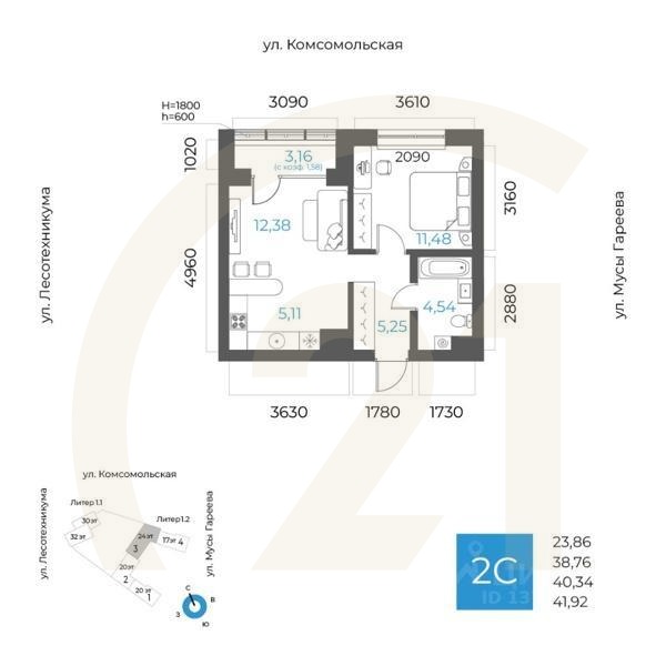 2-комн. квартира, 40,34 м²в ЖК «8 NEBO»