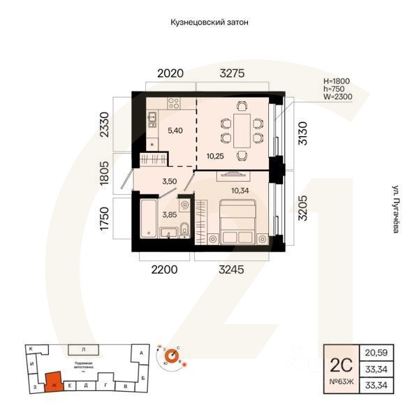 2-комн. квартира, 33,34 м²в ЖК «Первый остров»