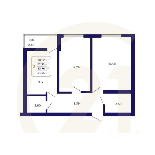 2-комн. квартира, 53,76 м²в ЖК «Паруса»