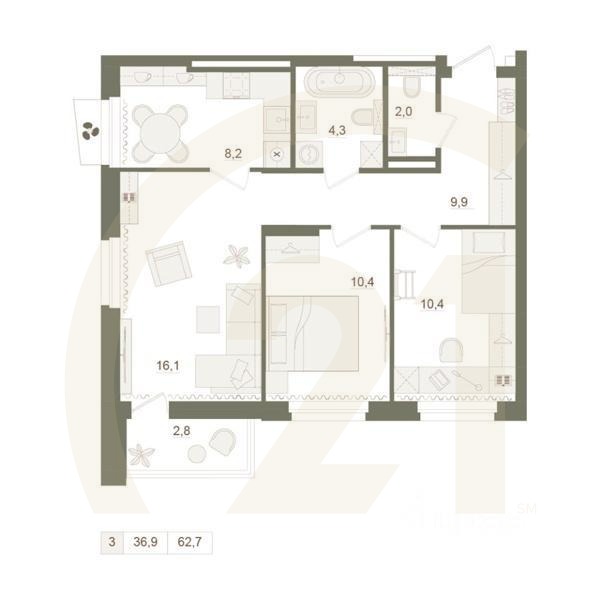 3-комн. квартира, 62,7 м²в ЖК «Квартал «Родина Парк»
