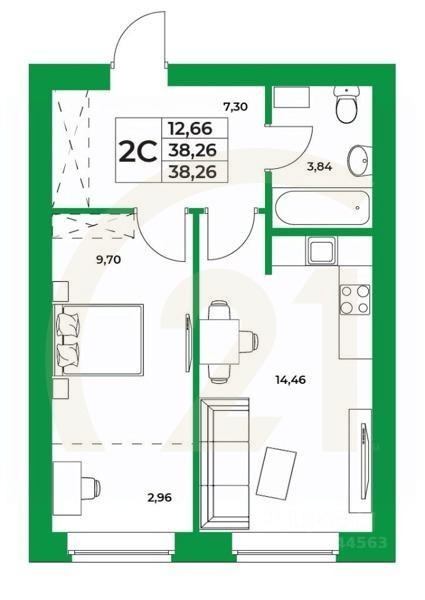 2-комн, 38,26 м²