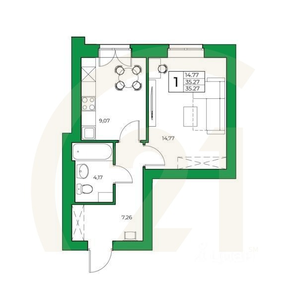 1-комн. квартира, 35,27 м²
