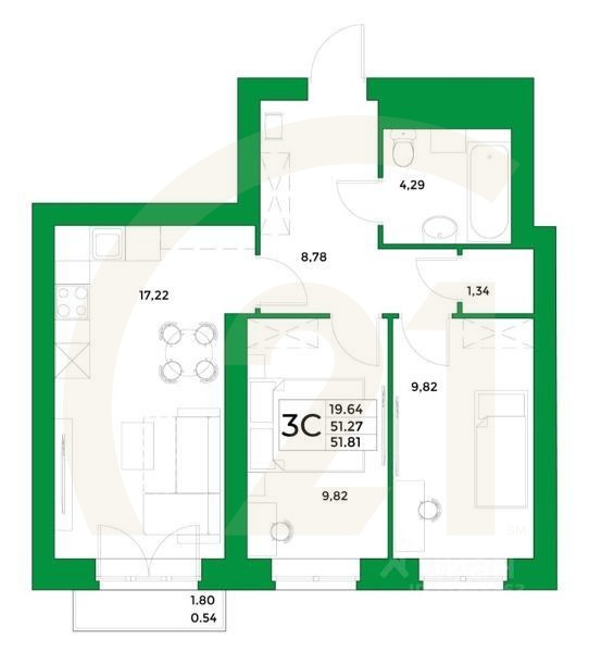 3-комн, 51,81 м²