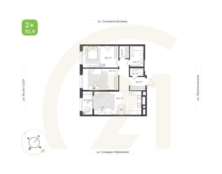 2-комн. квартира, 70,9 м²в ЖК «Бионика Парк»