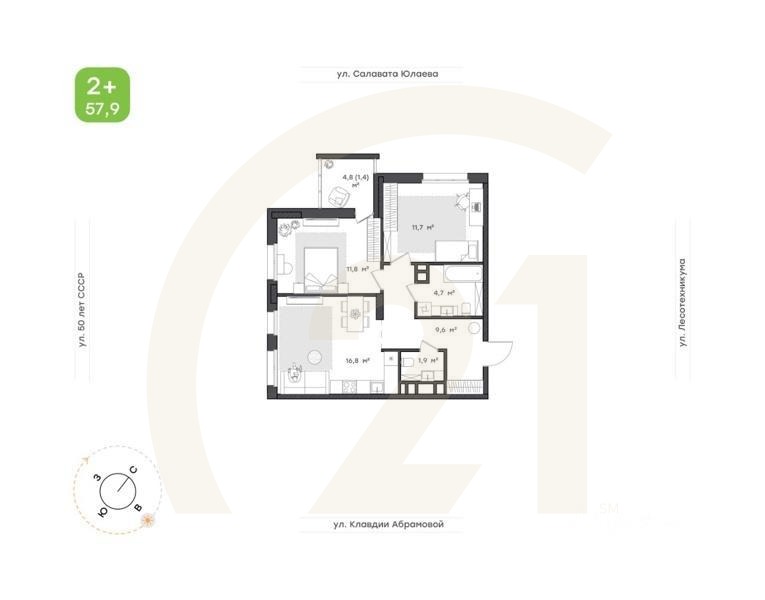 2-комн. квартира, 57,9 м²в ЖК «Бионика Парк»