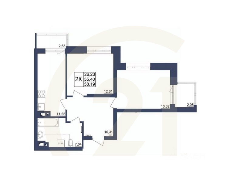 2-комн. квартира, 57,94 м²в ЖК «Космос»