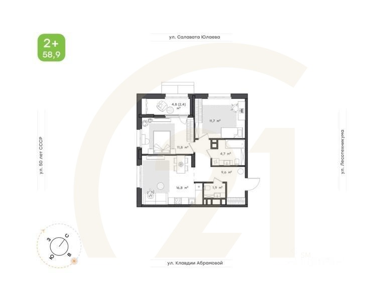 2-комн. квартира, 58,9 м²в ЖК «Бионика Парк»