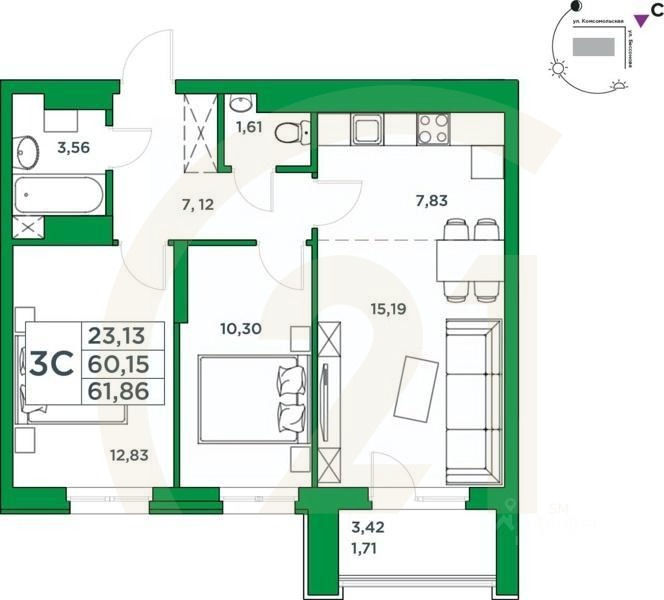 3-комн, 60,15 м²в ЖК «Сапфир»