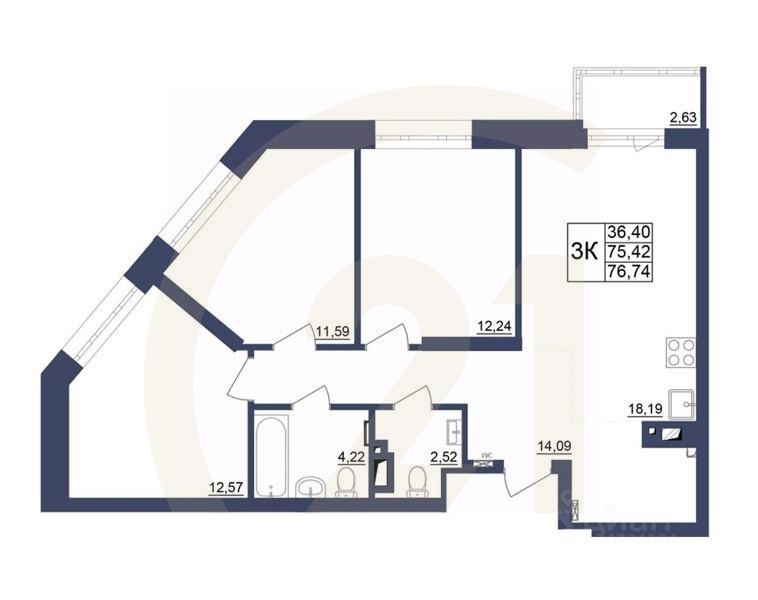 3-комн. квартира, 76,84 м²в ЖК «Космос»