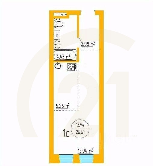 Продаются 1-комн. апартаменты, 26,61 м²в ЖК «Аксаковский»