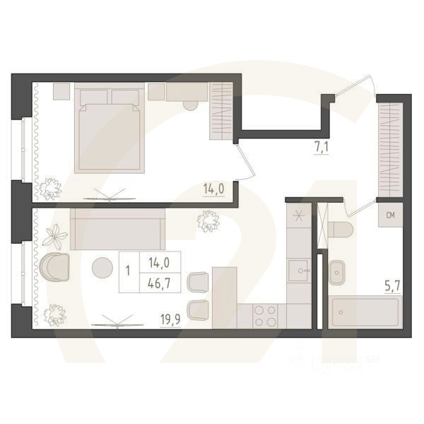 1-комн. квартира, 46,7 м²в ЖК «Новый Империал»