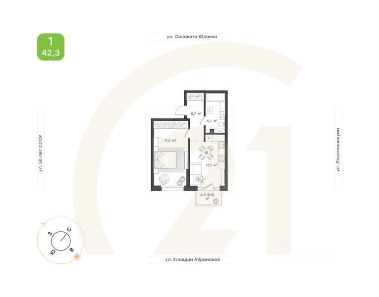 1-комн. квартира, 42,3 м²в ЖК «Бионика Парк»