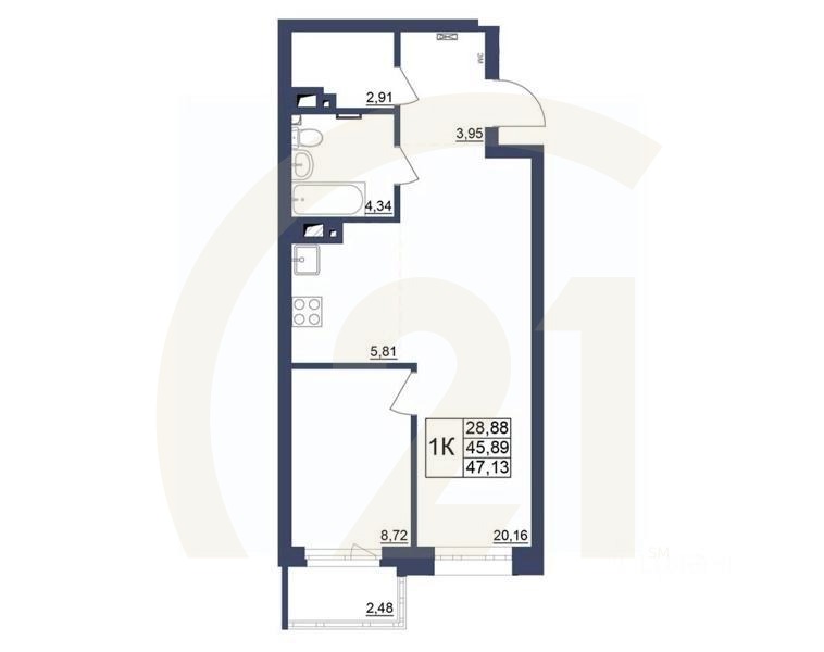 1-комн. квартира, 47,13 м²в ЖК «Космос»