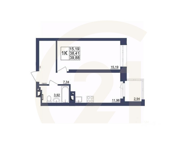 1-комн. квартира, 39,75 м²