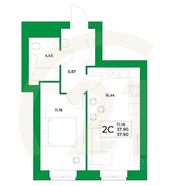 2-комн, 37,9 м²