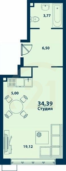Студия, 34,39 м²в ЖК «Город природы»