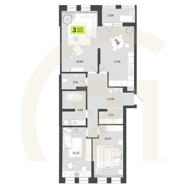 3-комн. квартира, 89,43 м²в ЖК «Новый Фамильный»