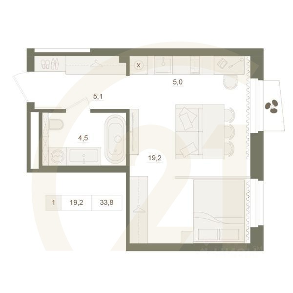 1-комн. квартира, 33,8 м²в ЖК «Квартал «Родина Парк»