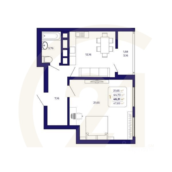 1-комн. квартира, 46,31 м²в ЖК «Паруса»