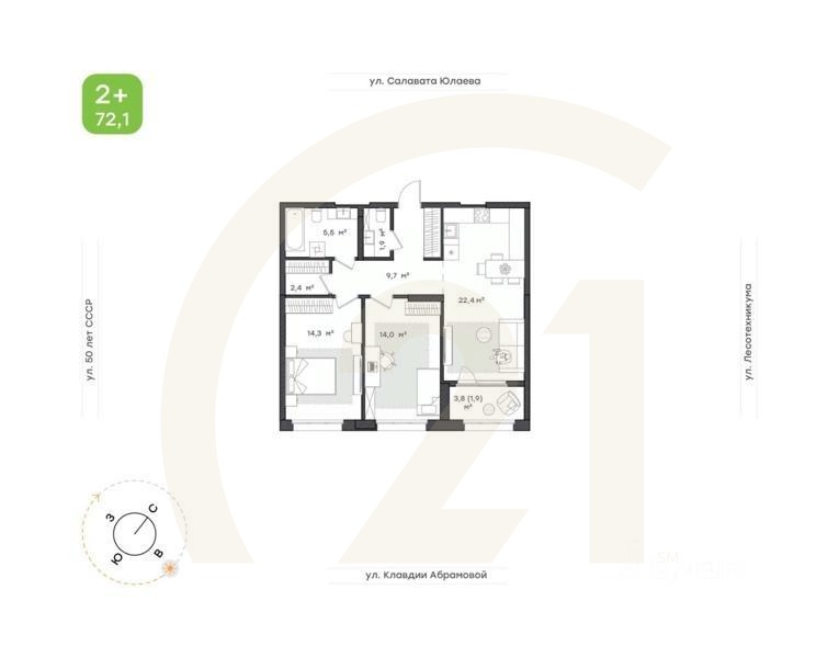 2-комн. квартира, 72,1 м²в ЖК «Бионика Парк»