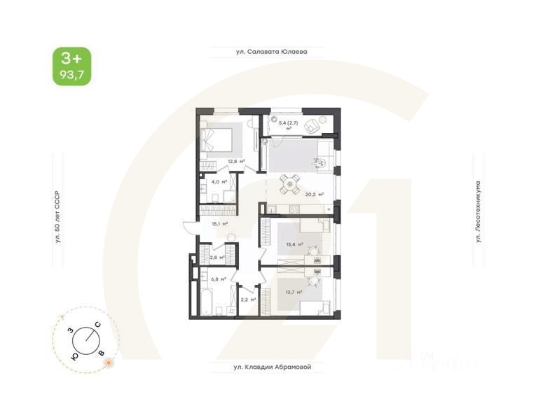 3-комн. квартира, 93,7 м²в ЖК «Бионика Парк»