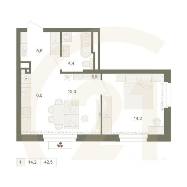 1-комн. квартира, 42,5 м²в ЖК «Квартал «Родина Парк»